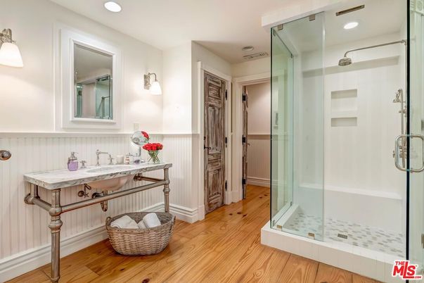 Bathroom, Glass Shower, Interior, Recessed Lighting, Wood Texture Flooring