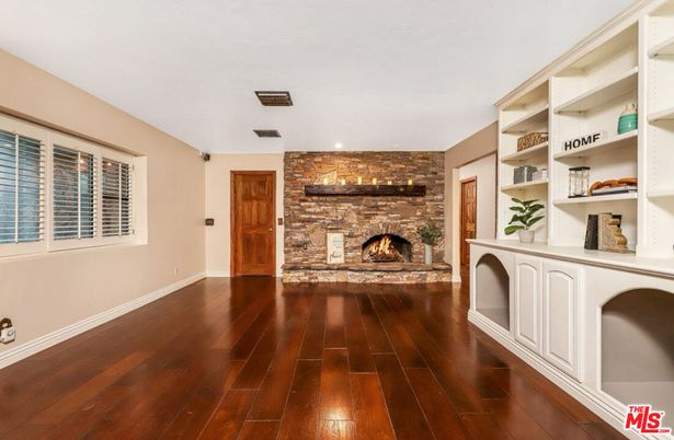Fireplace, Interior, Recessed Lighting, Stone Walls, Wood Texture Flooring