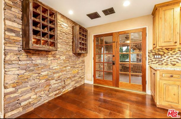 Empty room, Interior, Recessed Lighting, Stone Walls, Wood Texture Flooring