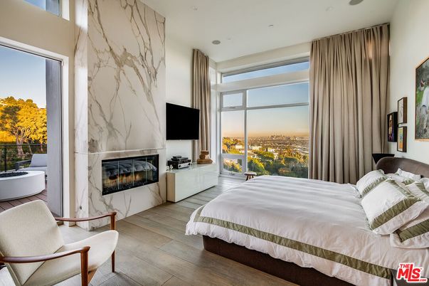 Bedroom, Fireplace, Interior, Marble Walls, Recessed Lighting, Wood Texture Flooring