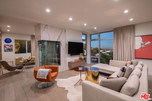 Interior, Living room, Marble Walls, Recessed Lighting, Wood Texture Flooring