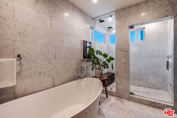 Bathroom, Free Standing Baths, Glass Shower, Interior, Marble Walls, Recessed Lighting