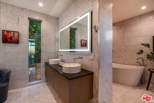 Bathroom, Dual Sink Vanities, Free Standing Baths, Interior, Marble, Marble Walls, Recessed Lighting