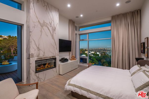 Bedroom, Fireplace, Interior, Marble Walls, Recessed Lighting, Wood Texture Flooring