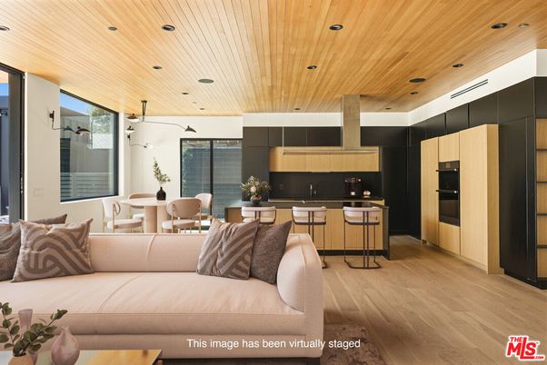 Dining room, Interior, Kitchen, Living room, Pendant Lights, Recessed Lighting, Stainless Steel Appliances, Wooden Ceilings, Wood Texture Flooring