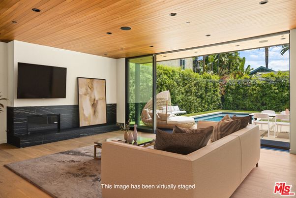 Fireplace, Interior, Living room, Pool, Recessed Lighting, Wooden Ceilings, Wood Texture Flooring