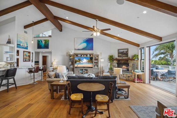 Fireplace, Interior, Living room, Pendant Lights, Recessed Lighting, Wooden Beams, Wood Texture Flooring