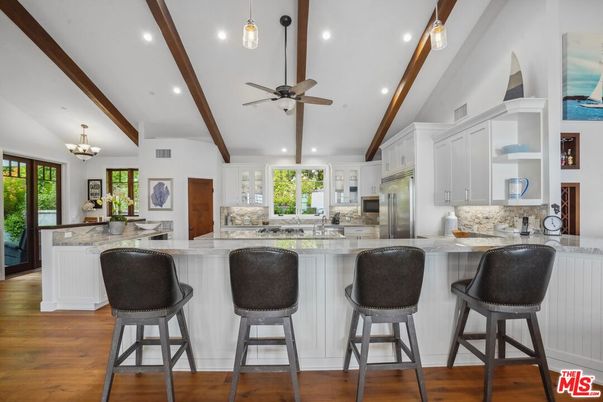 Chandelier, Interior, Kitchen, Recessed Lighting, Stainless Steel Appliances, Wooden Beams, Wood Texture Flooring