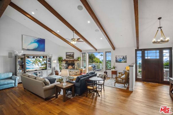 Fireplace, Interior, Living room, Pendant Lights, Recessed Lighting, Wooden Beams, Wood Texture Flooring