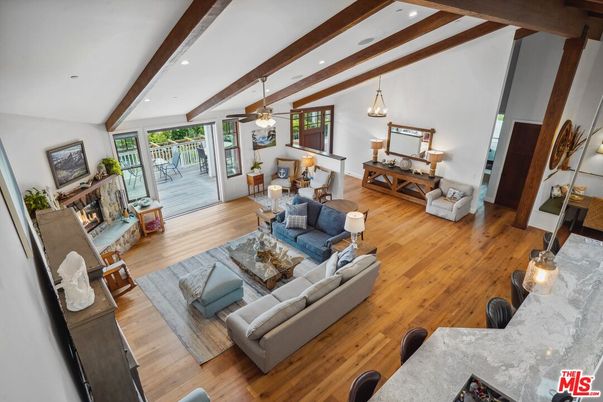 Fireplace, Interior, Living room, Pendant Lights, Recessed Lighting, Wooden Beams, Wood Texture Flooring