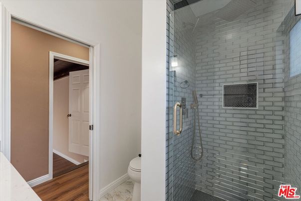 Bathroom, Glass Shower, Interior, Marble, Stone Walls, Wood Texture Flooring