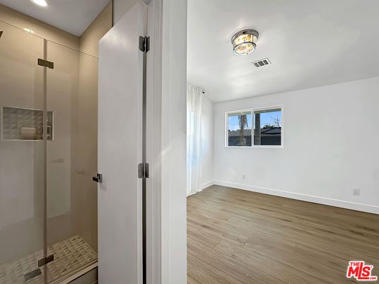 Bathroom, Glass Shower, Interior, Recessed Lighting, Wood Texture Flooring