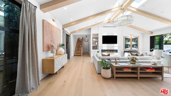 Fireplace, Interior, Living room, Recessed Lighting, Wooden Beams, Wood Texture Flooring