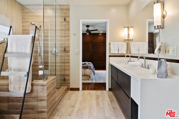 Bathroom, Bedroom, Dual Sink Vanities, Glass Shower, Interior, Recessed Lighting, Wood Texture Flooring