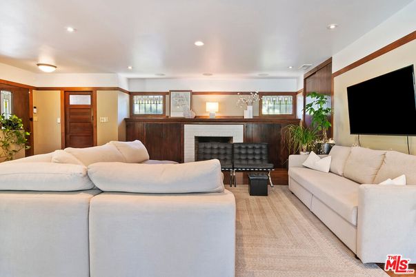 Fireplace, Interior, Living room, Recessed Lighting, Wooden Walls