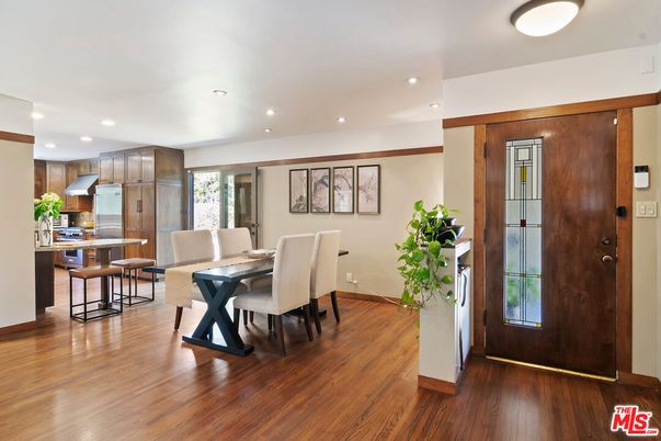 Dining room, Interior, Kitchen, Recessed Lighting, Stainless Steel Appliances, Wood Texture Flooring