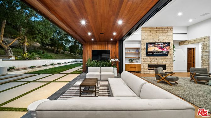 Fireplace, Interior, Living room, Recessed Lighting, Stone Walls, Wooden Ceilings, Wooden Walls