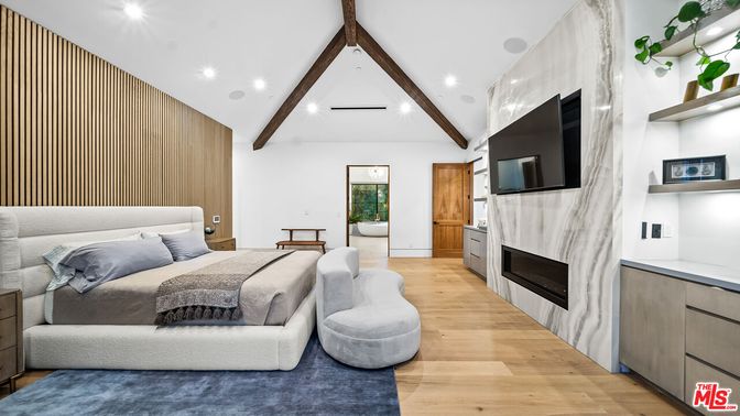 Bedroom, Fireplace, Interior, Recessed Lighting, Wooden Beams, Wood Texture Flooring