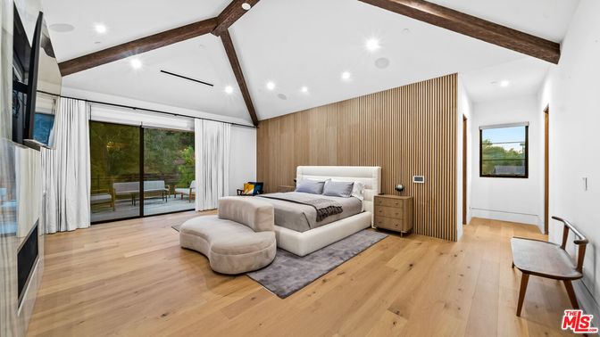 Bedroom, Interior, Recessed Lighting, Wooden Beams, Wood Texture Flooring