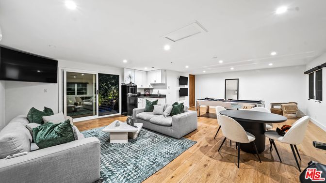 Billiard Table, Dining room, Game Room, Interior, Kitchen, Living room, Recessed Lighting, Wood Texture Flooring