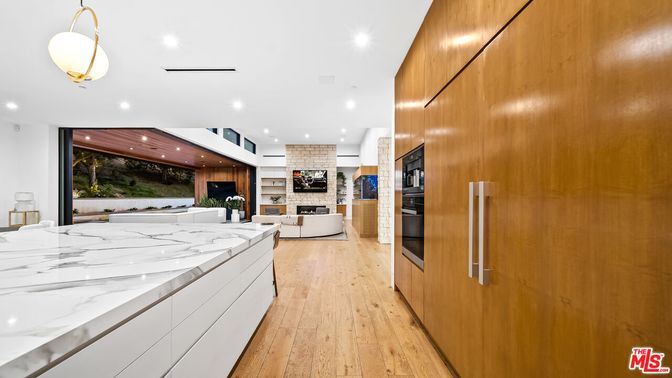 Fireplace, Interior, Kitchen, Living room, Recessed Lighting, Stainless Steel Appliances, Wood Texture Flooring, Wooden Walls