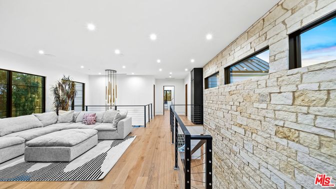 Interior, Living room, Recessed Lighting, Stone Walls, Wood Texture Flooring