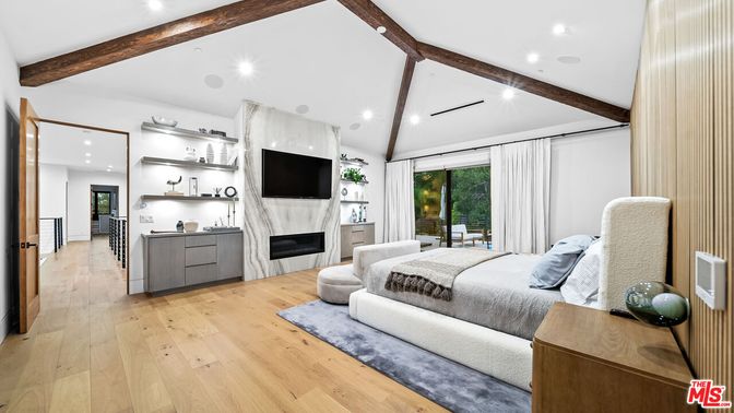 Bedroom, Fireplace, Interior, Recessed Lighting, Wooden Beams, Wood Texture Flooring