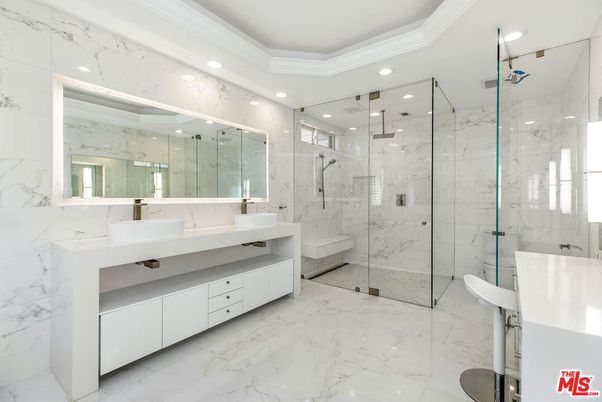 Bathroom, Dual Sink Vanities, Glass Shower, Interior, Marble, Marble Walls, Recessed Lighting