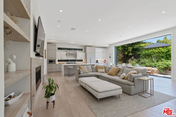 Fireplace, Interior, Kitchen, Living room, Recessed Lighting, Stainless Steel Appliances, Wood Texture Flooring