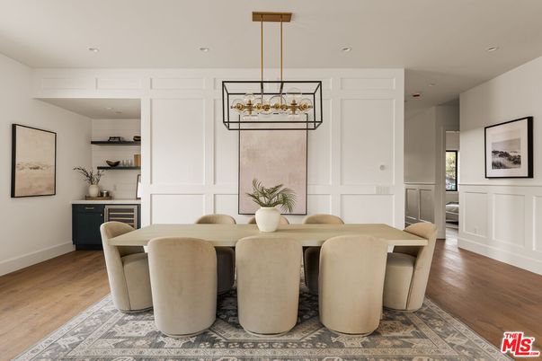 Dining room, Interior, Pendant Lights, Recessed Lighting, Wood Texture Flooring
