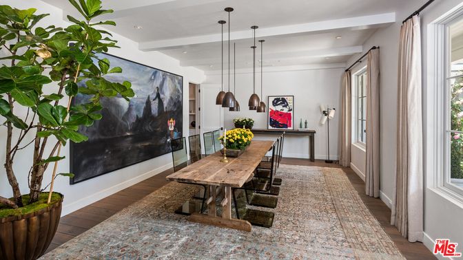 Dining room, Interior, Pendant Lights, Recessed Lighting, Wood Texture Flooring