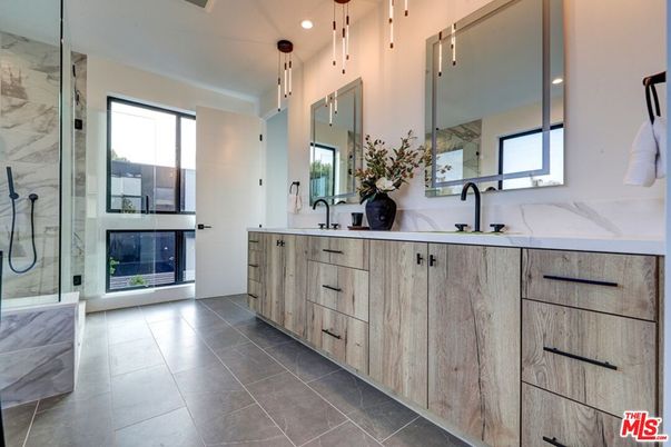Bathroom, Dual Sink Vanities, Glass Shower, Interior, Marble Walls, Pendant Lights, Recessed Lighting
