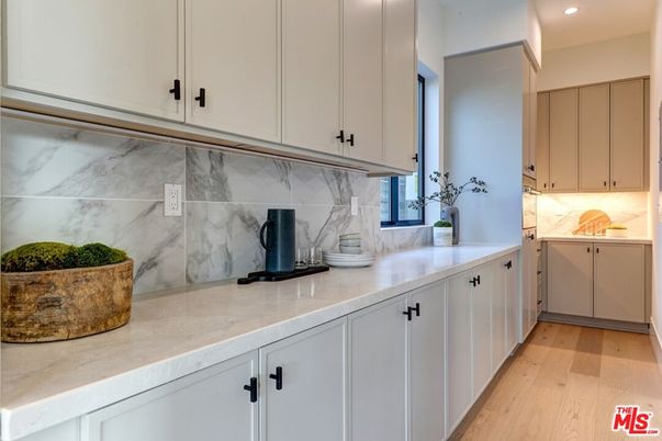 Interior, Kitchen, Marble Walls, Recessed Lighting, Wood Texture Flooring