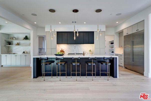 Interior, Kitchen, Marble Walls, Pendant Lights, Recessed Lighting, Stainless Steel Appliances, Wood Texture Flooring