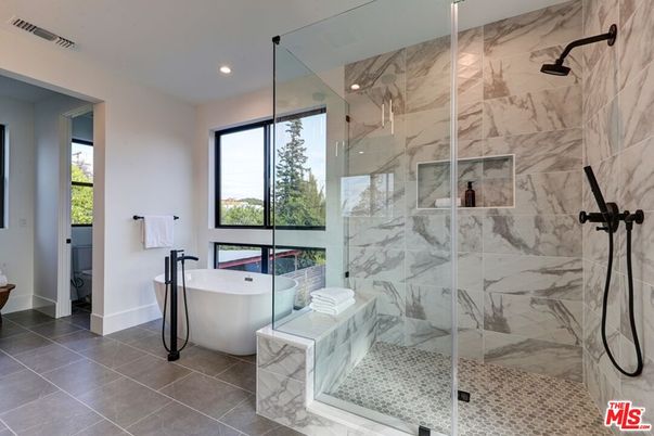 Bathroom, Free Standing Baths, Glass Shower, Interior, Marble Walls, Recessed Lighting