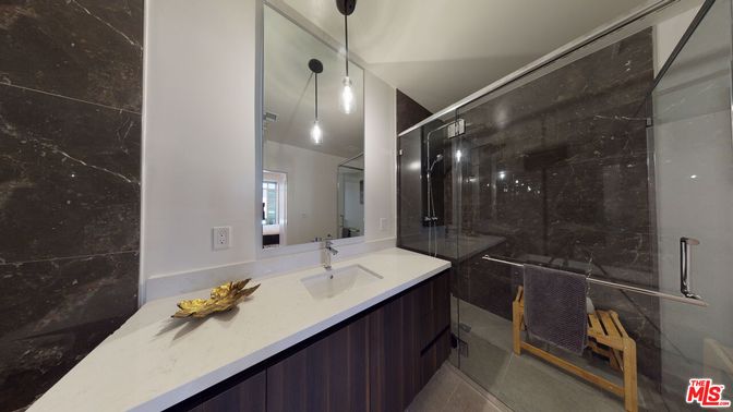 Bathroom, Glass Shower, Interior, Marble Walls, Pendant Lights