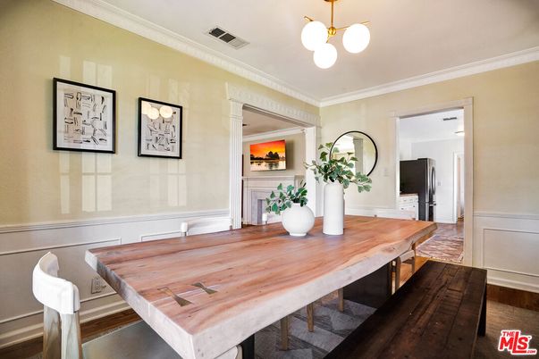 Dining room, Interior, Pendant Lights, Wood Texture Flooring