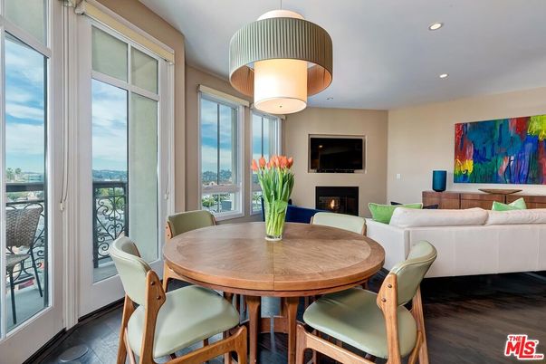Dining room, Fireplace, Interior, Living room, Recessed Lighting, Wood Texture Flooring