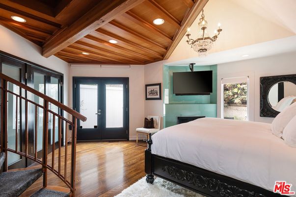 Bedroom, Chandelier, Fireplace, Interior, Recessed Lighting, Wooden Beams, Wooden Ceilings, Wood Texture Flooring