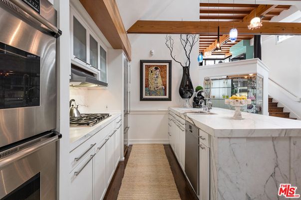 Interior, Kitchen, Pendant Lights, Stainless Steel Appliances, Wooden Beams, Wood Texture Flooring