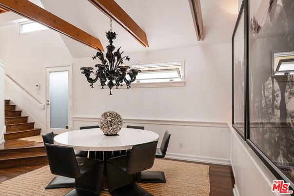Chandelier, Dining room, Interior, Wooden Beams, Wood Texture Flooring