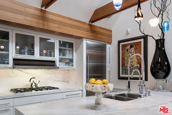 Interior, Kitchen, Marble Walls, Pendant Lights, Stainless Steel Appliances, Wooden Beams