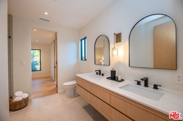 Bathroom, Dual Sink Vanities, Interior, Recessed Lighting, Wood Texture Flooring