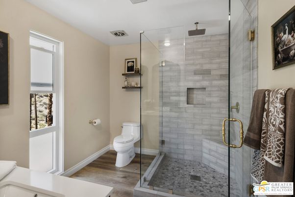 Bathroom, Glass Shower, Interior, Wood Texture Flooring