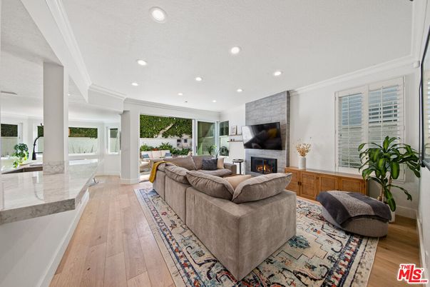 Fireplace, Interior, Living room, Recessed Lighting, Wood Texture Flooring