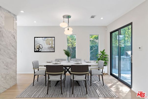Dining room, Interior, Pendant Lights, Recessed Lighting, Wood Texture Flooring