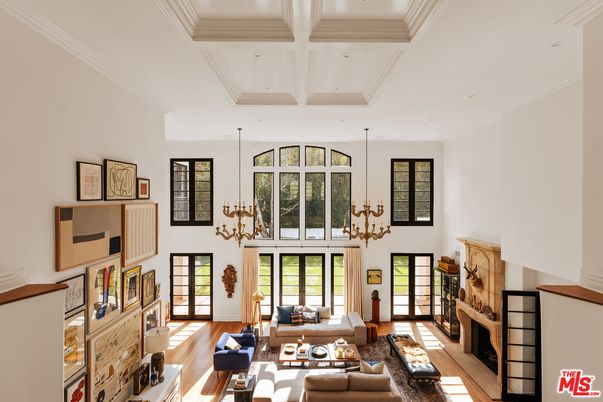 Chandelier, Fireplace, Interior, Living room, Recessed Lighting, Wood Texture Flooring