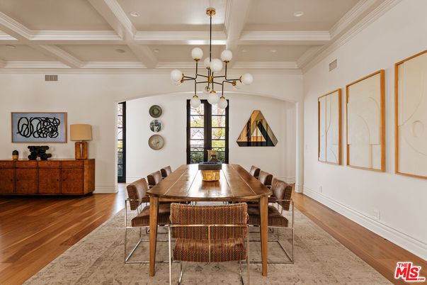 Dining room, Interior, Pendant Lights, Recessed Lighting, Wood Texture Flooring