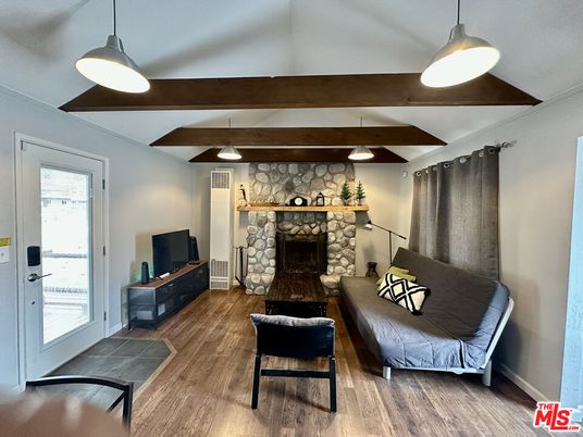 Fireplace, Interior, Pendant Lights, Stone Walls, Wooden Beams, Wood Texture Flooring