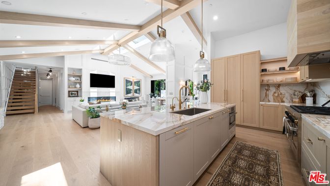 Fireplace, Interior, Kitchen, Living room, Pendant Lights, Recessed Lighting, Wood Texture Flooring